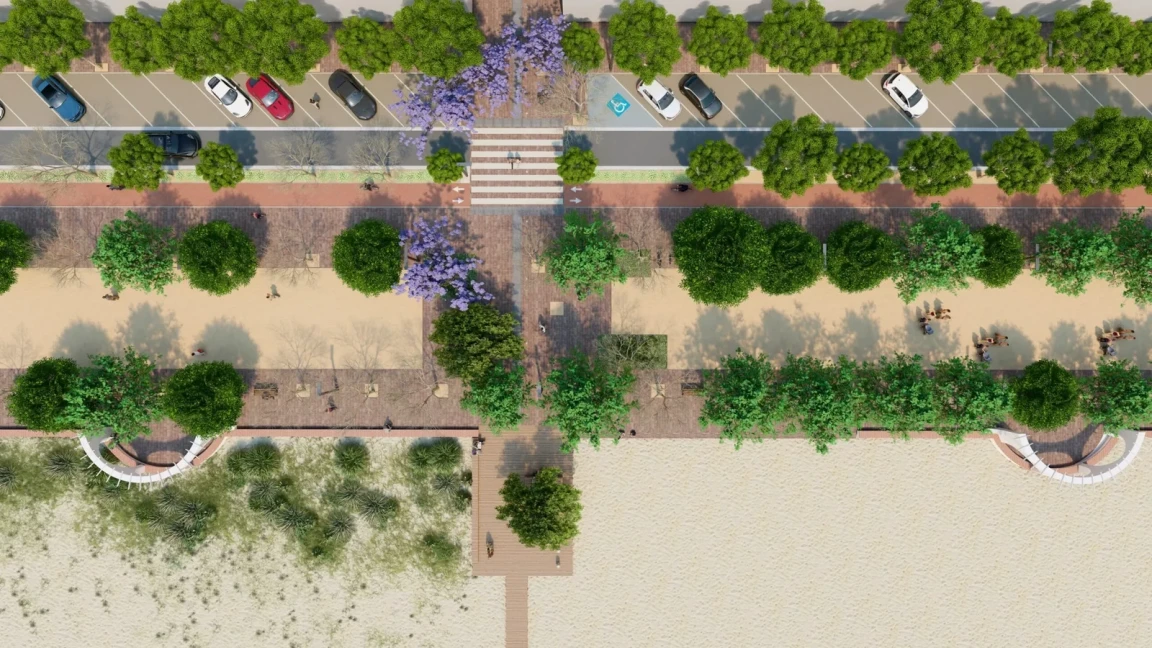 Render with areal view of the new boulevard showing beach with vegetation, entrance to beach, road and bike path.