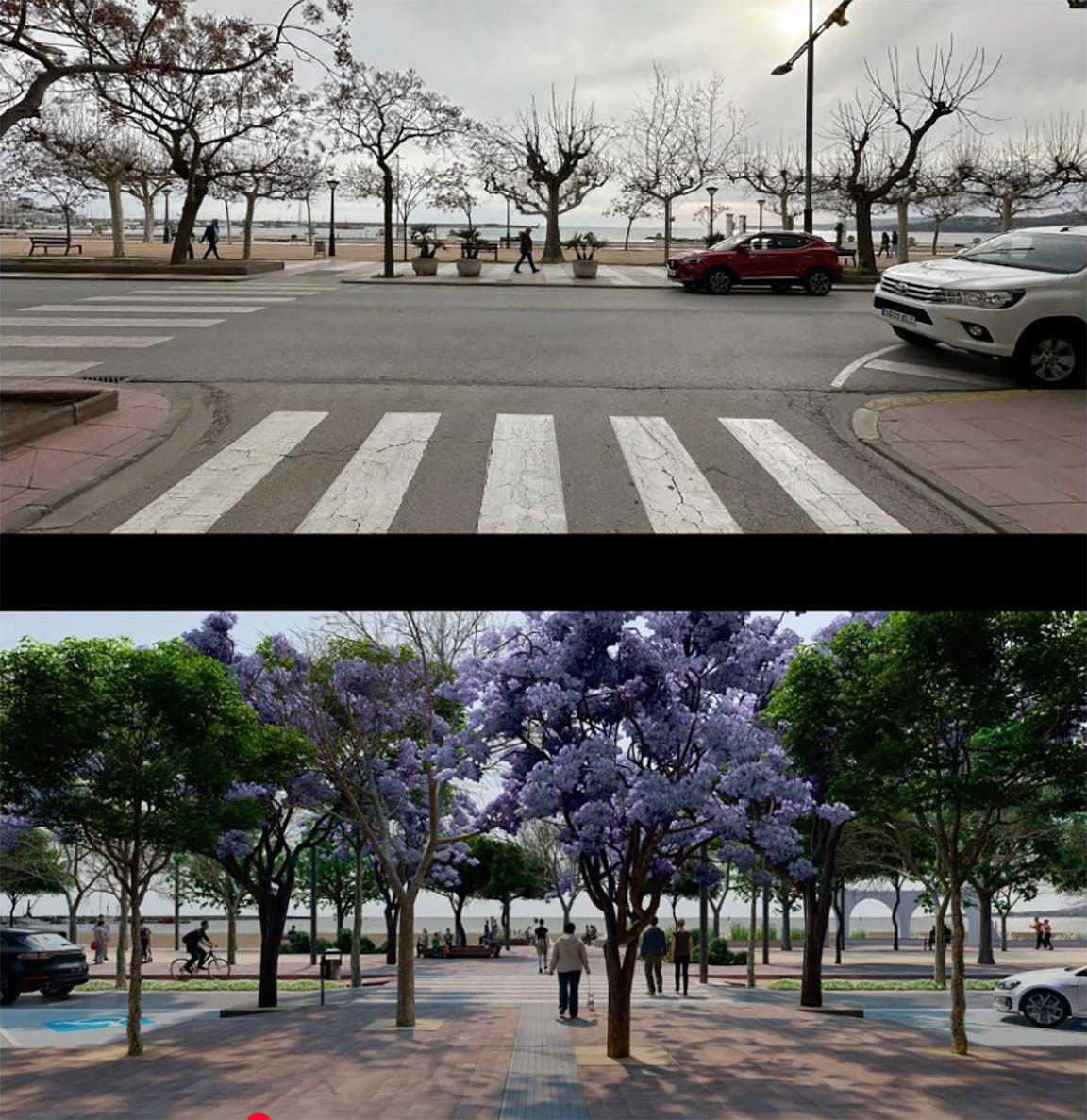 View from one of the connecting streets on the boulevard before and after the renovation.