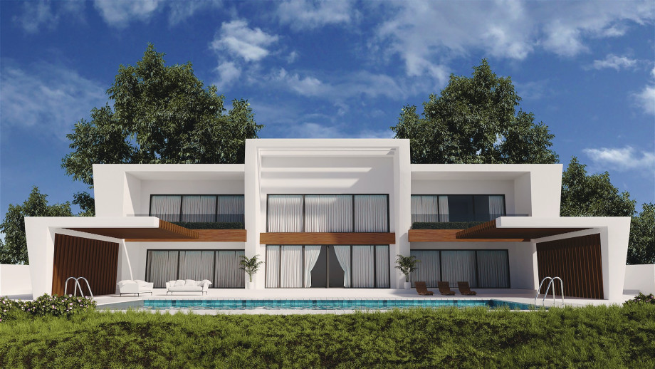 Render of a luxurious modern villa with very blue sky and swimming pool in front of the villa.